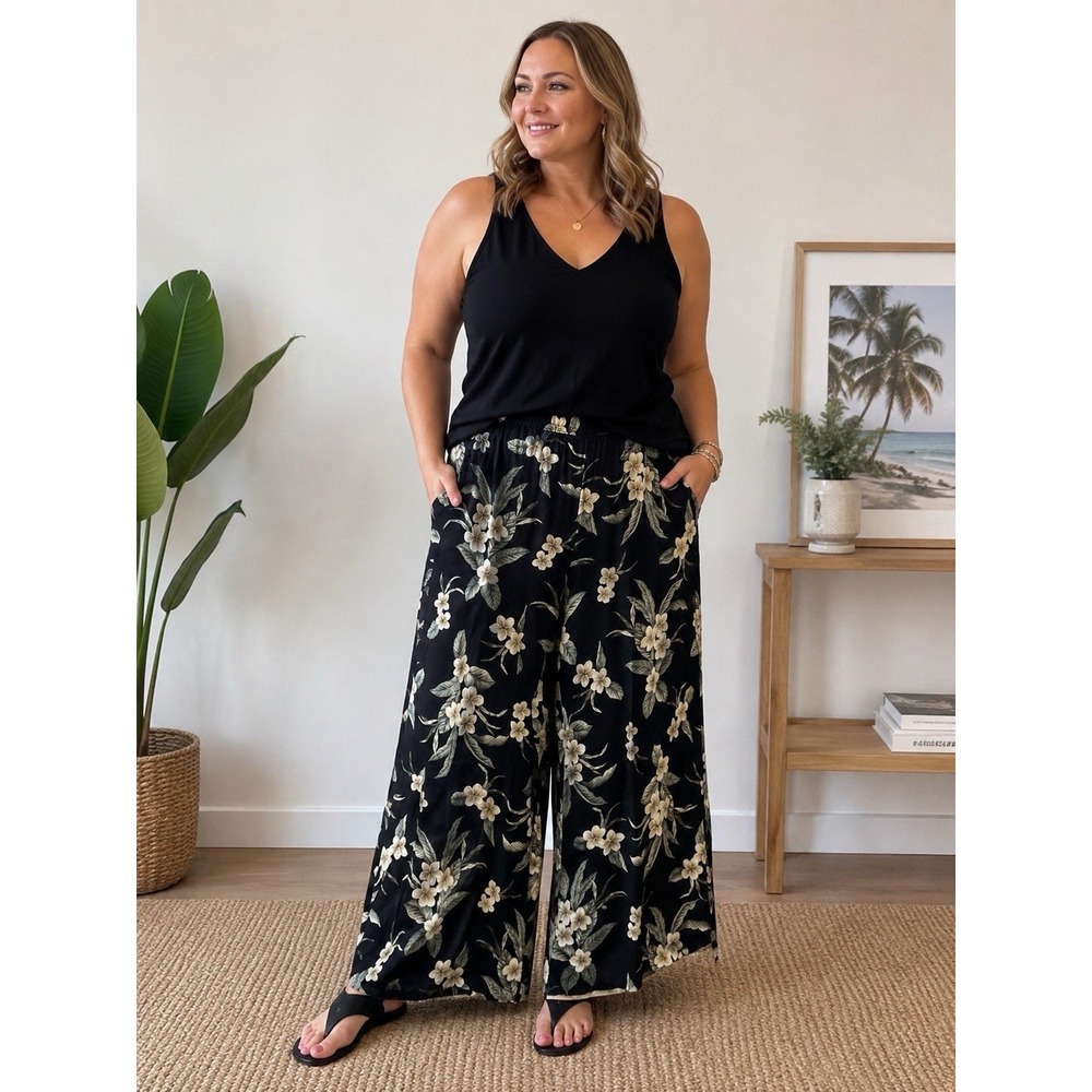 Lands End 100% Linen Wide Leg High Rise Palazzo Pants Women's Size Large Black